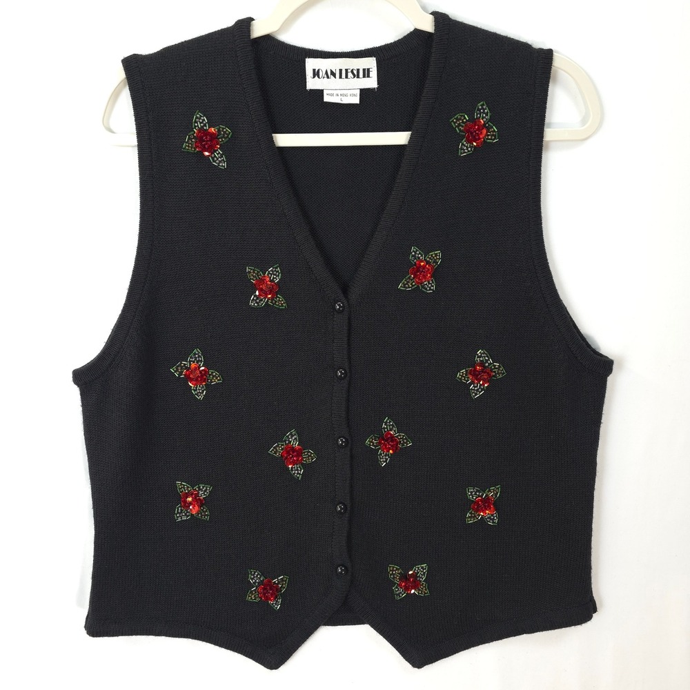 Vtg Joan Leslie Black Sweater Vest Beaded Floral Roses Cottagecore L Grandmacore